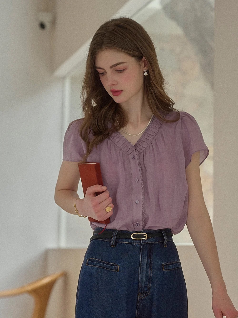 Simple retro Angela V-Neck 100% Ramie Blouse